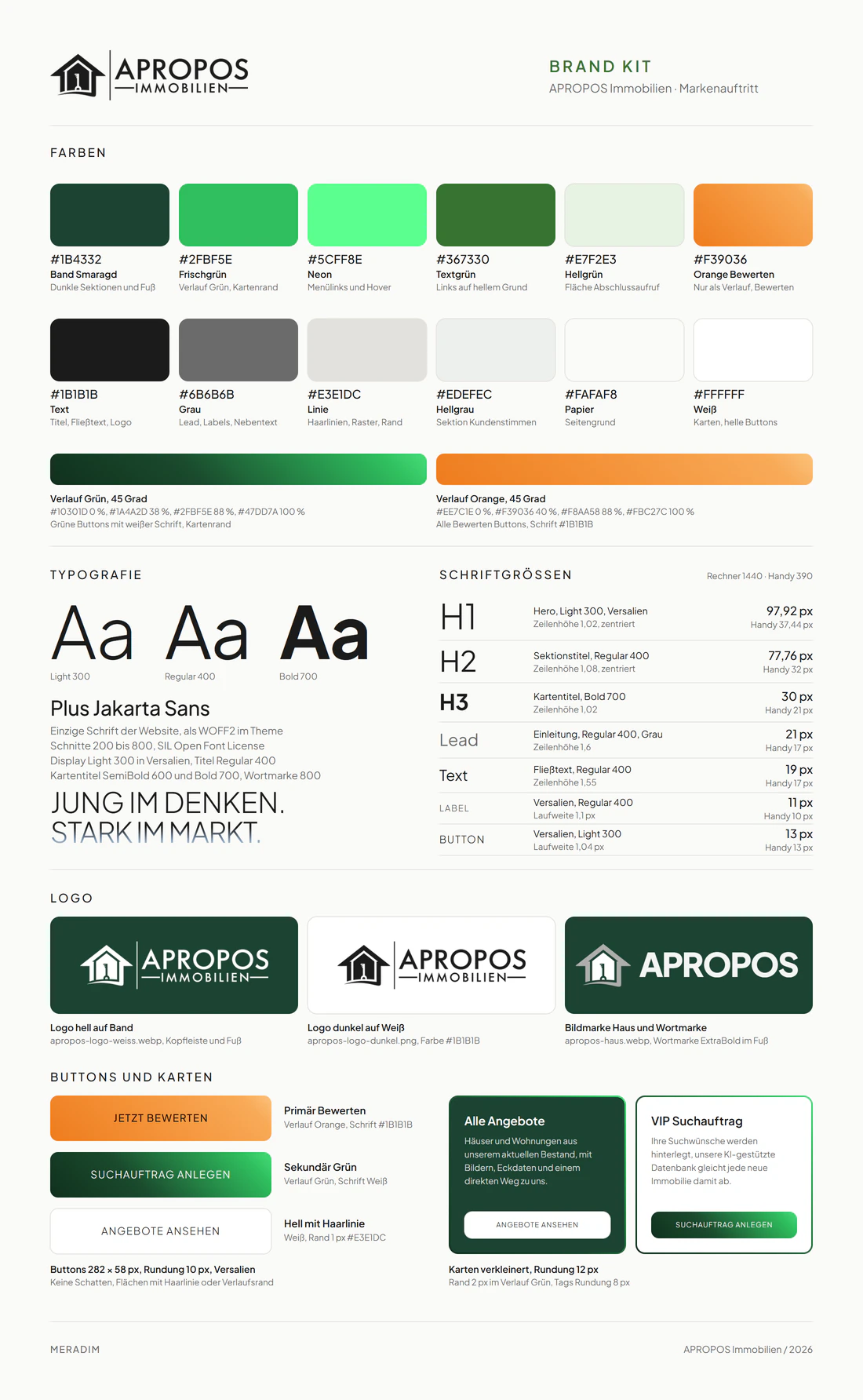 Branding-Kit von APROPOS Immobilien mit Farben, Schrift, Schriftgrößen, Logo, Buttons und Karten