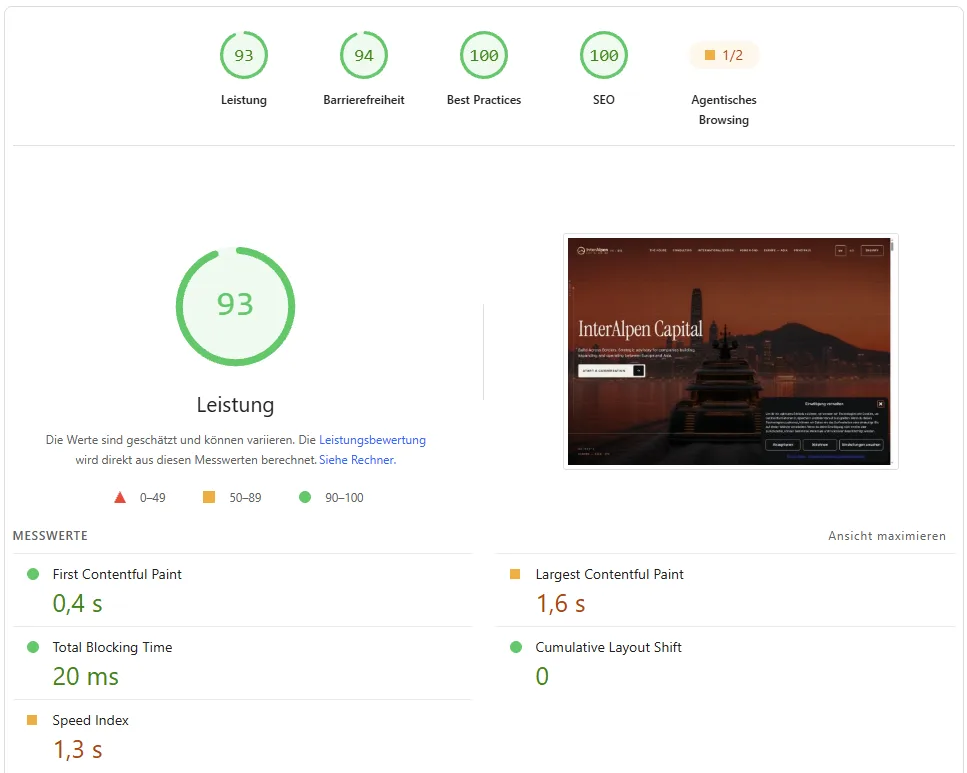 Ergebnis von Google PageSpeed Insights für die Website von InterAlpen Capital, am Desktop 93 Punkte Leistung