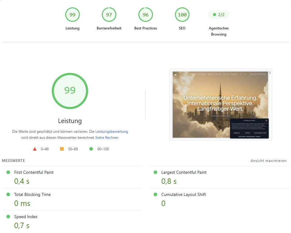 Ergebnis von Google PageSpeed Insights für die Website der InterAlpen Holding, am Desktop 99 Punkte Leistung