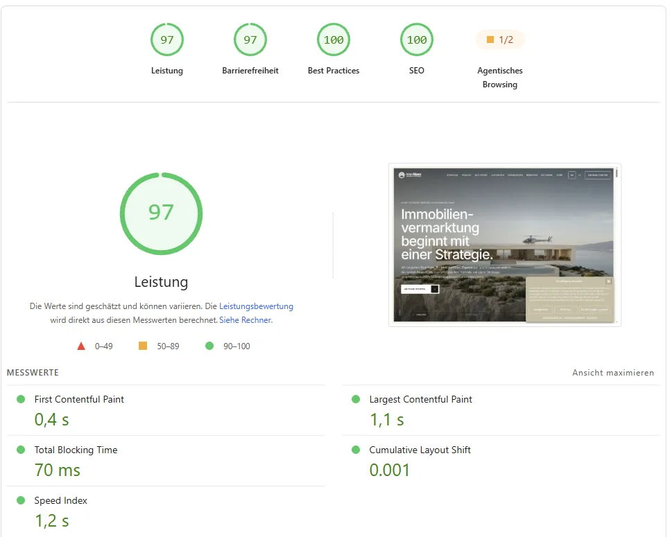 Ergebnis von Google PageSpeed Insights für ein MERADIM-Projekt, am Desktop 97 Punkte Leistung und 100 Punkte SEO