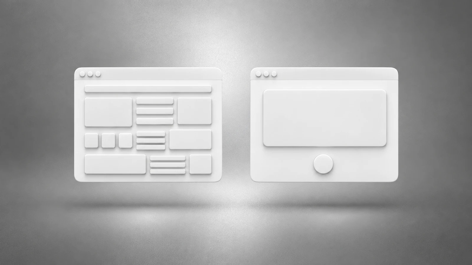 Zwei weiße Browserfenster nebeneinander, links voller kleiner Elemente, rechts aufgeräumt mit einer großen Fläche und einem runden Knopf, auf silbergrauem Grund